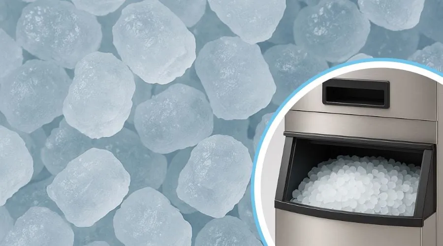 A sealed plastic bag of nugget ice rests inside a grocery freezer bin.
