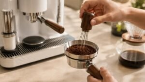 A steaming cup of fresh coffee next to roasted beans on a countertop.